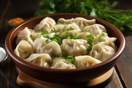 Meat dumplings russian boiled pelmeni food. Gourmet cooked dinner dish. Generate Aiの素材