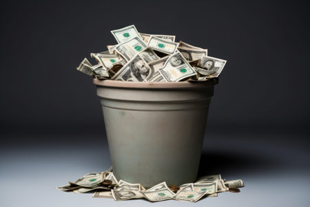 Money dustbin isolated at black wall. Global waste dollar bucket. Generate Aiの素材