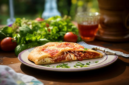 Pizza calzone on plate on wooden table. Fresh italian food with organic vegetables. Generate Aiの素材