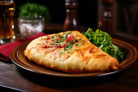 Pizza calzone ham food on plate on wooden table. Stuffed organic cooking cheese. Generate Aiの素材