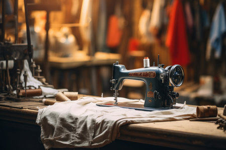 Sewing machine with fabric on table with textile fashion. Work metal object sew studio. Generate Aiの素材
