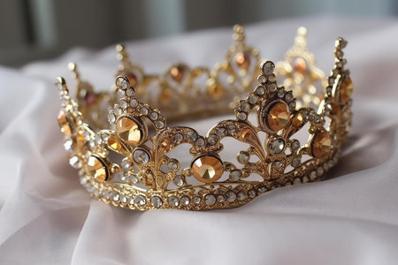 Beautiful gold tiara with gems. Royalty golden majestic luxury crown on white fabric. Generate aiの素材
