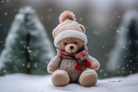 Small fluffy plush teddy bear on winter forest background. Tiny cuddly bear toy with warm cap and scarf. Generate aiの素材