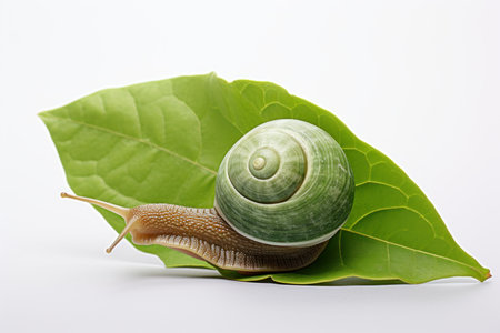 Snail on green leaf over white background slow move. Summer wildlife pest with helix mollusk. Generate Aiの素材