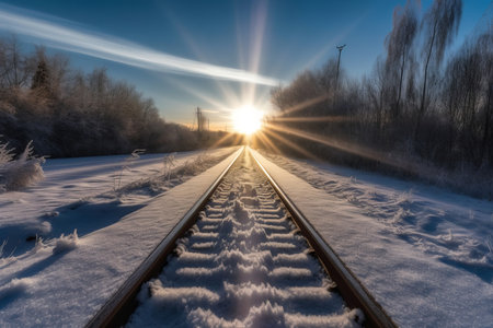 Sunrise light view of snowy train track. Morning winter view of train railway in winter season. Generate aiの素材