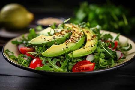 Tasty salad in avocado on plate table. Raw dish cooking savory meal. Generate Aiの素材