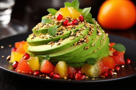 Tasty salad in avocado with grains on table. Bowl dish raw cooking snack meal. Generate Aiの素材