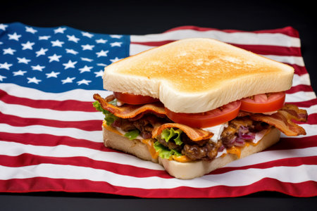 Tasty sandwich on american flag. Food party meat burger onion. Generate Aiの素材