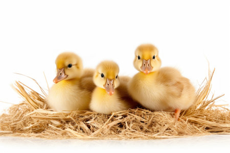 Three ducking on straw isolated on white background. Small duck born child. Generate AIの素材