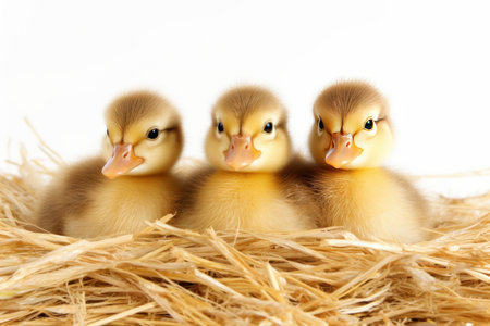 Three ducking on soft straw isolated on white background. Funny chick small bird. Generate AIの素材