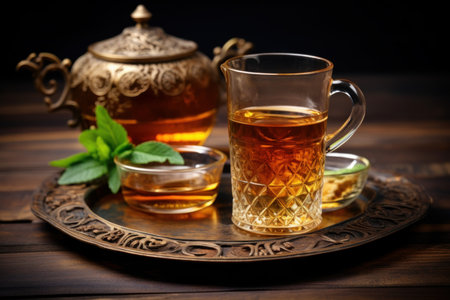 Turkish tea in traditional glass on wooden background. Water food leaf culture. Generate Aiの素材