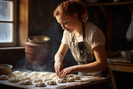 Woman making dough for cinnamon rolls. Cooking bake cook swirl spiral. Generate Aiの素材