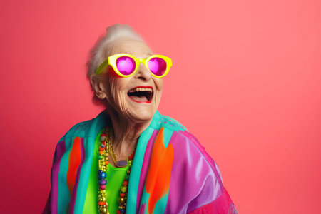 Colorful neon granny woman laughing. Excited elderly woman in colorful outfit wearing sunglasses. Generate aiの素材