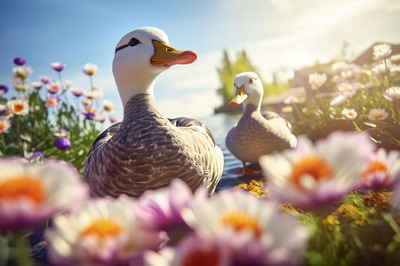Ducks in colorful spring flower field. Beautiful summer scene of wild duck bird. Generate aiの素材