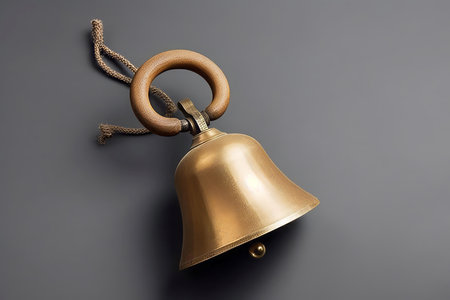 Golden school bell on grey background. Dinner wooden object hand classic. Generate Aiの素材