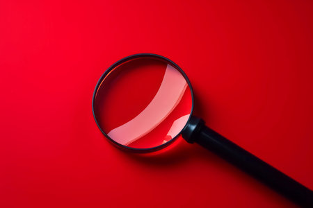 Magnifier magnifying alert on red background. Alert caution danger symbol glass. Generate Aiの素材