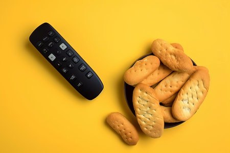 Remote control with rusks snack. Tv channel program with food bowl. Generate Aiの素材