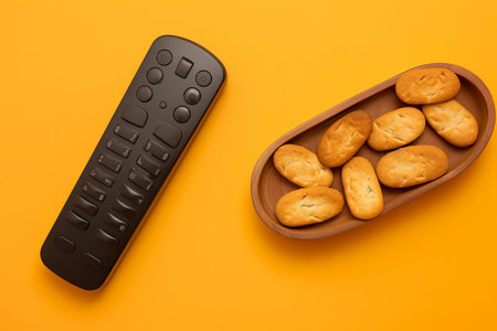 Remote control with rusks snack food. Button plastic space food bowl. Generate Aiの素材