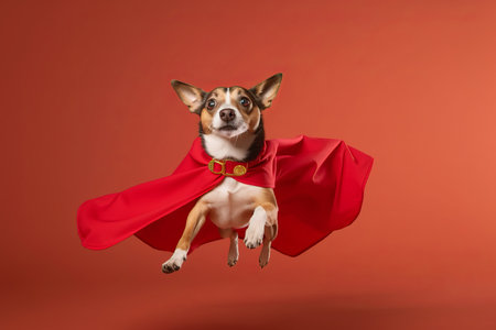 Superhero dog cape on red background. Comic canine animal funny. Generate Aiの素材