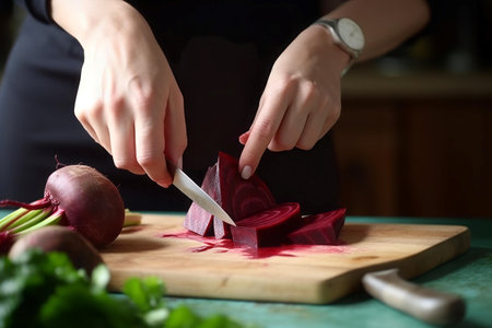 Woman cutting fresh red beet. Knife ripe slice raw cut. Generate Aiの素材