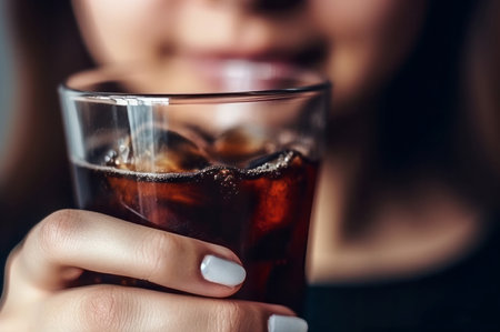 Woman glass cola drink food. Person girl drink sweet cold liquid. Generate Aiの素材