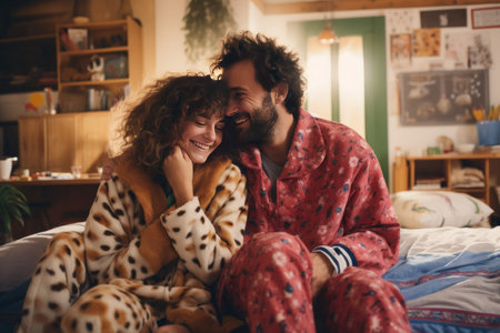 Young man with girlfriend in funny pajamas. Family love person evening rest. Generate Aiの素材