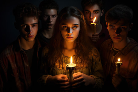 Young people with burning candles in darkness. Burn hot fire beauty palm. Generate Aiの素材