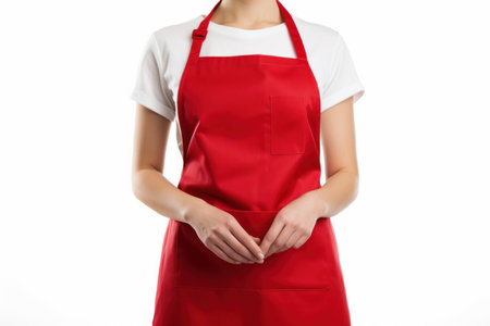 Young woman wearing kitchen red textile apron. Cooking prepare food studio chef. Generate Aiの素材