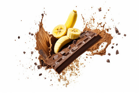 Broken chocolate bar with yummy banana. Tasty dessert on white background. Generate Aiの素材