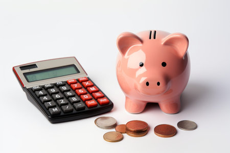 Calculator piggy bank money notebooks on table. Save financial office fashion. Generate Aiの素材
