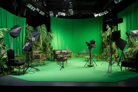 Chroma key compositing green backdrop studio background. Media art photo broadcast blank. Generate Aiの素材