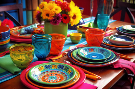 Colorful tableware mexican crockery table. Party food utensil festive. Generate Aiの素材