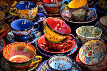 Colorful tableware mexican crockery on wooden table. Dinner ceramic decoration. Generate Aiの素材