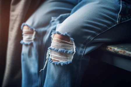 Jeans knee selected focus. Modern fabric pants detail cotton. Generate Aiの素材