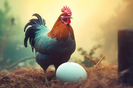 Colorful rooster in neck with egg. Poultry domestic farming with chicken and cocks. Generate aiの素材