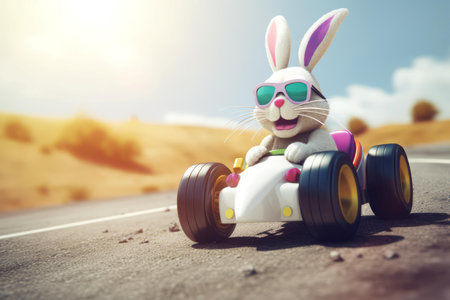 Easter bunny wearing sunglasses on car. Holiday spring Easter rabbit is coming. Generate aiの素材