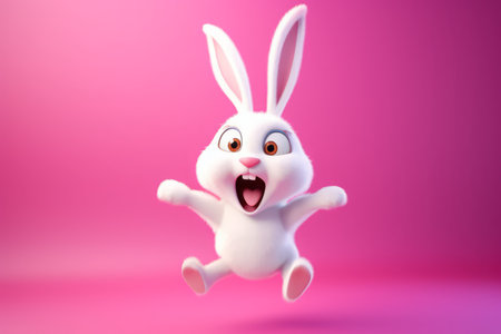 Cute jumping cartoon bunny on pink background. Funny childish excited rabbit animal. Generate aiの素材