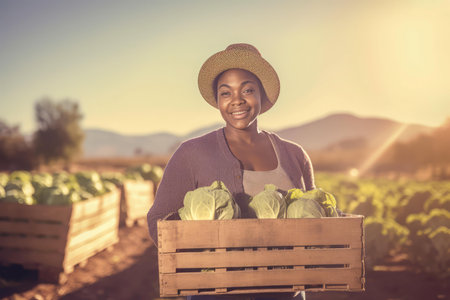 Portrait of dedicated black woman farmer. Taking wood crate of fresh cabbage. Generate AIの素材