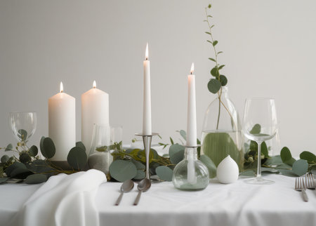 Minimalist eucalyptus table candles. Floral decor green room wall. Generate AIの素材