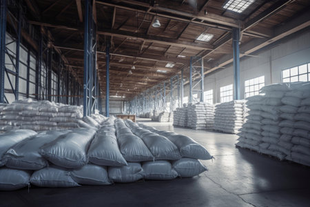 Warehouse storage white bags. Storage rain industry sack bag. Generate AIの素材