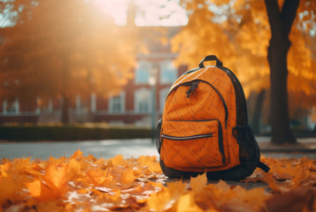 Orange school backpack in autumnal park. Student rucksack on yellow carpet of leaves. Generate aiの素材