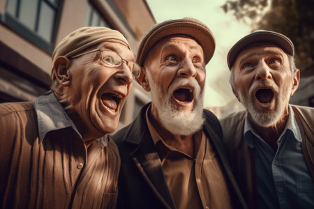 Group of excited elderly men. Happy delighted senior male with open mouths on street. Generate aiの素材