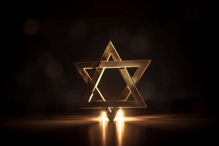 David blue star glowing on table. Bright freedom peace symbol. Generate AIの素材