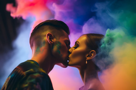 Passionate couple in colorful smoke. Amorous people posing in multicolored smoke bombs. Generate aiの素材