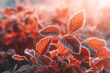 Colorful frozen nature leaves. Winter wild nature plants covered with ice. Generate aiの素材