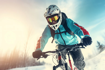 Cyclist practicing winter extreme sport. Man in warm winter sport equipment on bicycle. Generate aiの素材