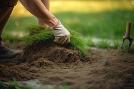 Laying grass sods at backyard detail. Construction border texture in plant flora. Generate Aiの素材