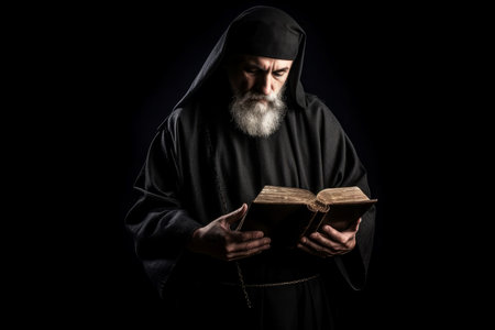 Priest with bible reading on black background. Gold padre hope, holy god religion. Generate Aiの素材