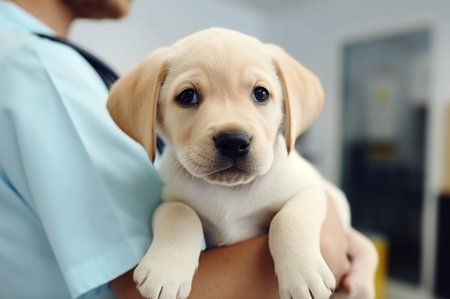 Professional veterinarian holding cute puppy labrador. Baby dog doctor care. Generate Aiの素材