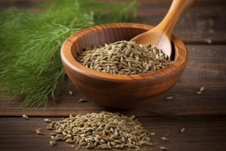 Scoop of dry seeds bowl and fresh dill. Organic condiment natural plant herb. Generate Aiの素材